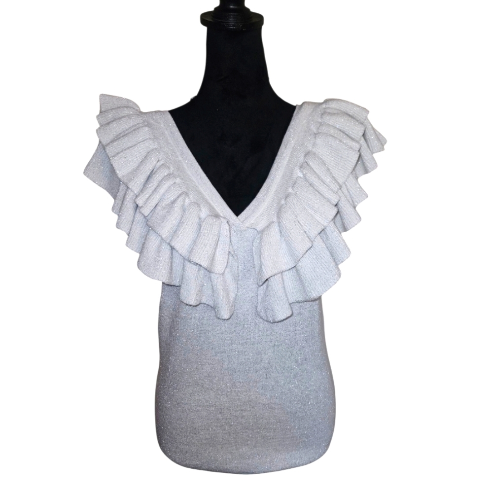 Endless Rose Shimmering Silver Metallic Ruffled Sleeveless Sweater Top Large NEW